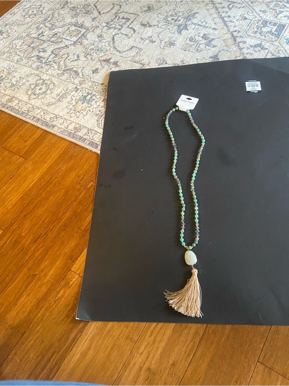 Ashley Cooper Beaded Tassel Necklace in Aqua and Beige
